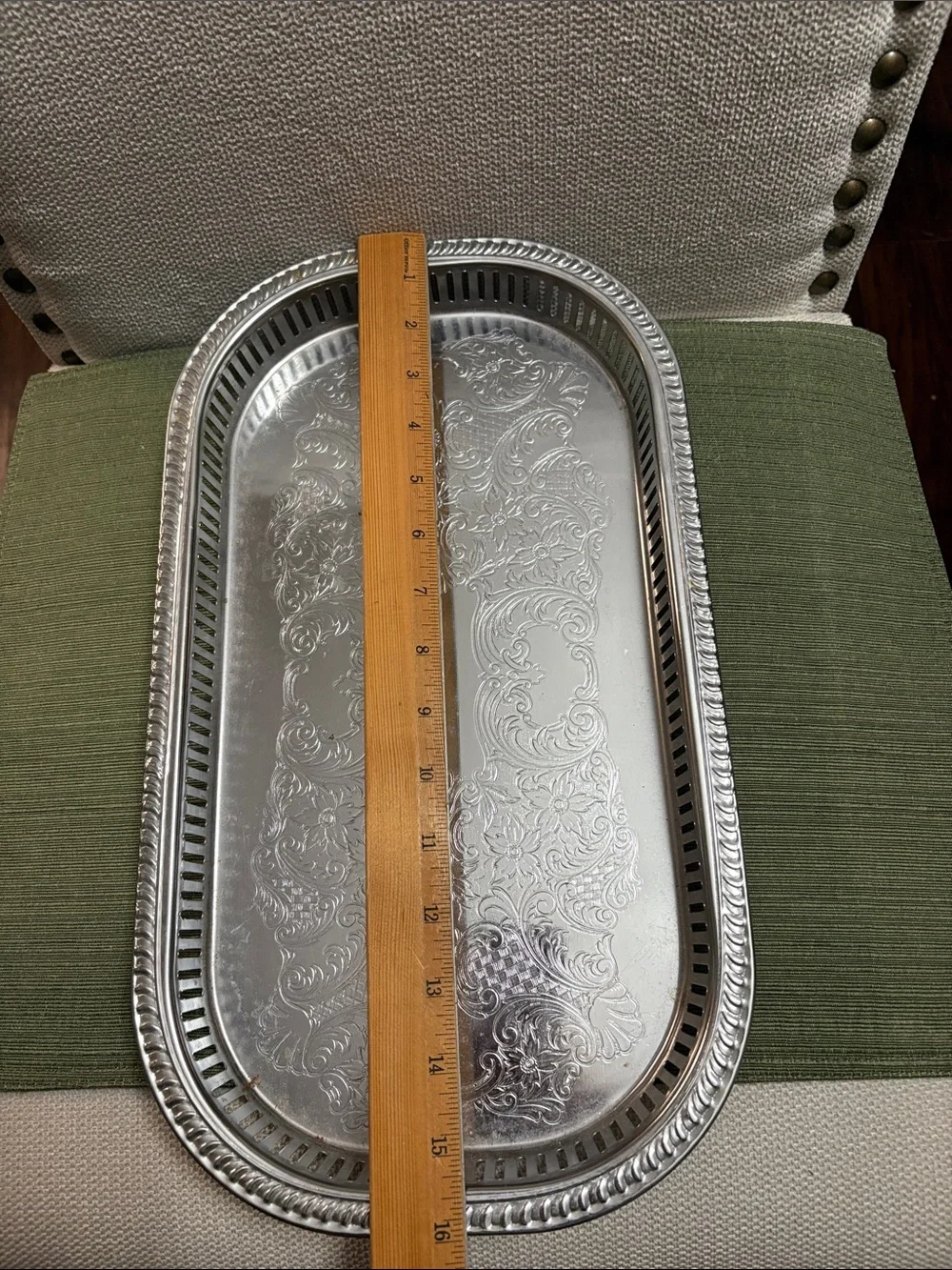 Irvinware Ornate Silver Vanity Tray with Embossed Scrollwork